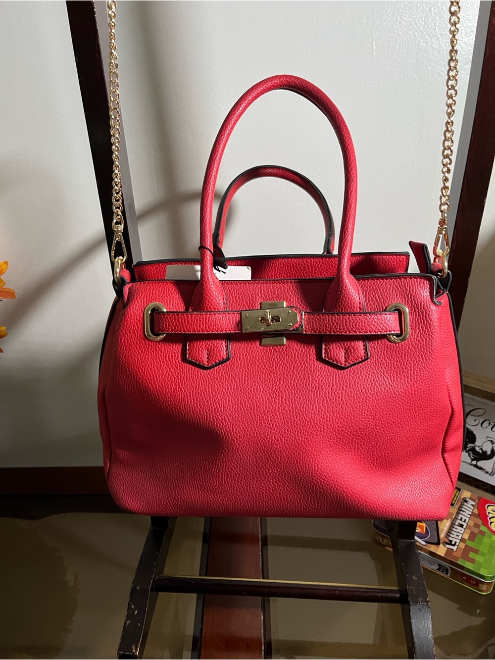 ❤️ GALIAN New York Red Satchel Bag w/ Gold Chain Strap NWT - Picture 11 of 13